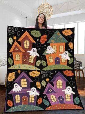 Haunted Houses and Friendly Ghosts Quilted Blanket – Enchanted October Patchwork