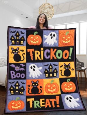 Elegant Halloween Quilted Blanket – Spooky Ghosts, Pumpkins, Cats, Bats, and Haunted Houses with Whimsical Stitched Quotes – Perfect for Halloween home, living room, fireplace, and bedroom decor — a cozy, elegant, classy, chic, cute, unique, and aesthetic Halloween throw blanket, ideal for indoor decoration ideas and crafts