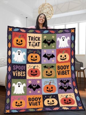 Elegant Halloween Quilted Blanket – Spooky Pumpkins, Eerie Ghosts, and Whimsical Bats with Bold Stitched Text – Perfect for Halloween home, living room, fireplace, and bedroom decor — a cozy, elegant, classy, chic, cute, unique, and aesthetic Halloween throw blanket, ideal for indoor decoration ideas and crafts