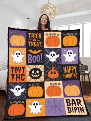 Elegant Halloween Quilted Blanket – Spooky Skulls, Dancing Ghosts, Pumpkins, and Bold 'Trick or Treat' Text in a Whimsical Patchwork Design – Perfect for Halloween home, living room, fireplace, and bedroom decor — a cozy, elegant, classy, chic, cute, unique, and aesthetic Halloween throw blanket, ideal for indoor decoration ideas and crafts