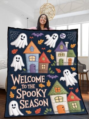 Haunted Houses and Ghostly Whispers Quilted Blanket – Enchanted Fall Comfort