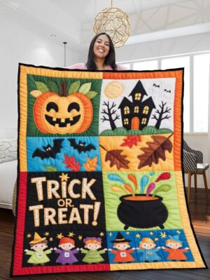 Elegant Halloween Quilted Blanket – Whimsical Pumpkins, Haunted Houses, Eerie Bats, and Spooky Cauldrons in Bold Appliquéd Textures Perfect for Halloween home, living room, fireplace, and bedroom decor — a cozy, elegant, classy, chic, cute, unique, and aesthetic Halloween throw blanket, ideal for indoor decoration ideas and crafts