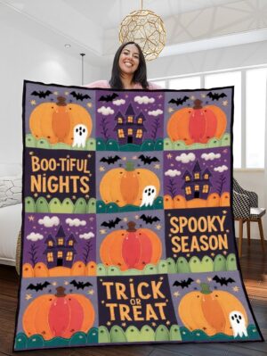 Elegant Halloween Quilted Blanket – Whimsical Pumpkins, Ghostly Apparitions, Haunted Houses, and Playful Bats with Appliquéd Spellbinding Quotes – Perfect for Halloween home, living room, fireplace, and bedroom decor — a cozy, elegant, classy, chic, cute, unique, and aesthetic Halloween throw blanket, ideal for indoor decoration ideas and crafts