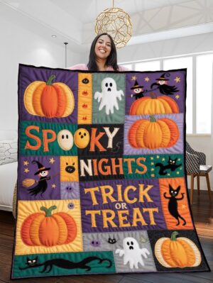 Elegant Halloween Quilted Blanket – Spooky Pumpkins, Bewitching Witches, and Enchanted Forest Elements with Bold Stitched Textures Perfect for Halloween home, living room, fireplace, and bedroom decor — a cozy, elegant, classy, chic, cute, unique, and aesthetic Halloween throw blanket, ideal for indoor decoration ideas and crafts