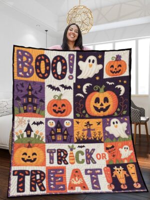 Elegant Halloween Quilted Blanket – Whimsical Pumpkin Patches, Spooky Ghosts, and Bold Trick-or-Treat Typography Embellished with Textured Fabrics and Layered Patterns Perfect for Halloween home, living room, fireplace, and bedroom decor — a cozy, elegant, classy, chic, cute, unique, and aesthetic Halloween throw blanket, ideal for indoor decoration ideas and crafts