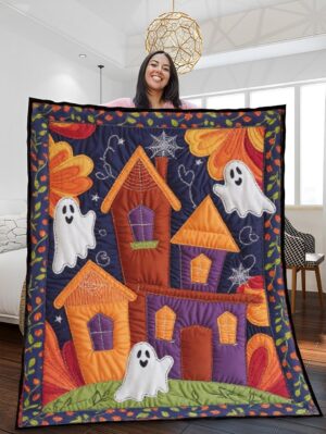 Haunted Houses and Ghostly Shadows Quilted Blanket – Spooky Folk Patchwork