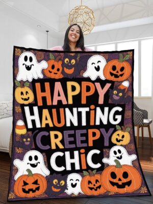 Elegant Halloween Quilted Blanket – Whimsical Pumpkins, Grinning Ghosts, and Spooky Textures Featuring Bold ‘Happy Haunting’ and ‘Creepy Chic’ Stitched Designs – Perfect for Halloween home, living room, fireplace, and bedroom decor — a cozy, elegant, classy, chic, cute, unique, and aesthetic Halloween throw blanket, ideal for indoor decoration ideas and crafts