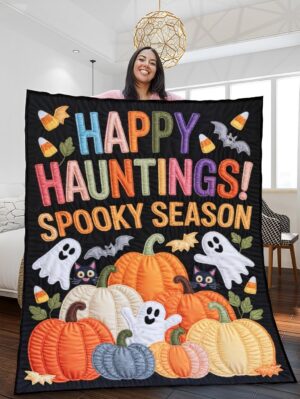 Elegant Halloween Quilted Blanket – Whimsical Pumpkin Patch, Spooky Ghosts, and Charming Black Cats with Bold Appliquéd Wording – Perfect for Halloween home, living room, fireplace, and bedroom decor — a cozy, elegant, classy, chic, cute, unique, and aesthetic Halloween throw blanket, ideal for indoor decoration ideas and crafts