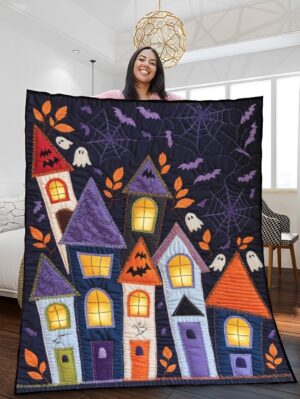 Haunted House Shadows Quilted Blanket – Spooky Folk Patchwork