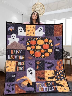 Elegant Halloween Quilted Blanket – Whimsical Ghosts, Spooky Pumpkins, and Charming Black Cats with Bold Appliquéd Text – Perfect for Halloween home, living room, fireplace, and bedroom decor — a cozy, elegant, classy, chic, cute, unique, and aesthetic Halloween throw blanket, ideal for indoor decoration ideas and crafts
