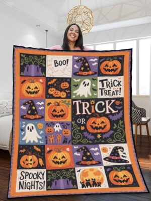 Elegant Halloween Quilted Blanket – Spooky Ghosts, Witch Hats, Pumpkins, and Bold ‘Boo!’ Text in a Textured, Layered Design Perfect for Halloween home, living room, fireplace, and bedroom decor — a cozy, elegant, classy, chic, cute, unique, and aesthetic Halloween throw blanket, ideal for indoor decoration ideas and crafts
