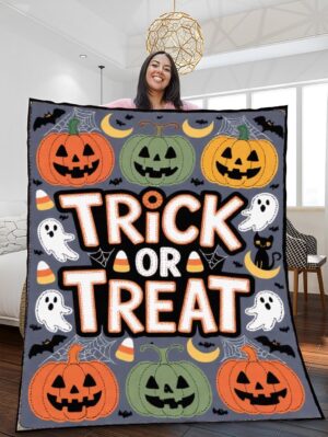 Elegant Halloween Quilted Blanket – Whimsical Jack-o'-Lanterns, Scary Spiders, and Ghostly Ghouls with Oversized Stitched Text – Perfect for Halloween home, living room, fireplace, and bedroom decor — a cozy, elegant, classy, chic, cute, unique, and aesthetic Halloween throw blanket, ideal for indoor decoration ideas and crafts