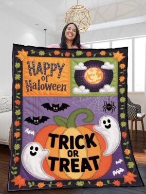 Elegant Halloween Quilted Blanket – Spooky Pumpkins, Witches, and Eerie Moonlit Skies with Bold Stitched Text – Perfect for Halloween home, living room, fireplace, and bedroom decor — a cozy, elegant, classy, chic, cute, unique, and aesthetic Halloween throw blanket, ideal for indoor decoration ideas and crafts