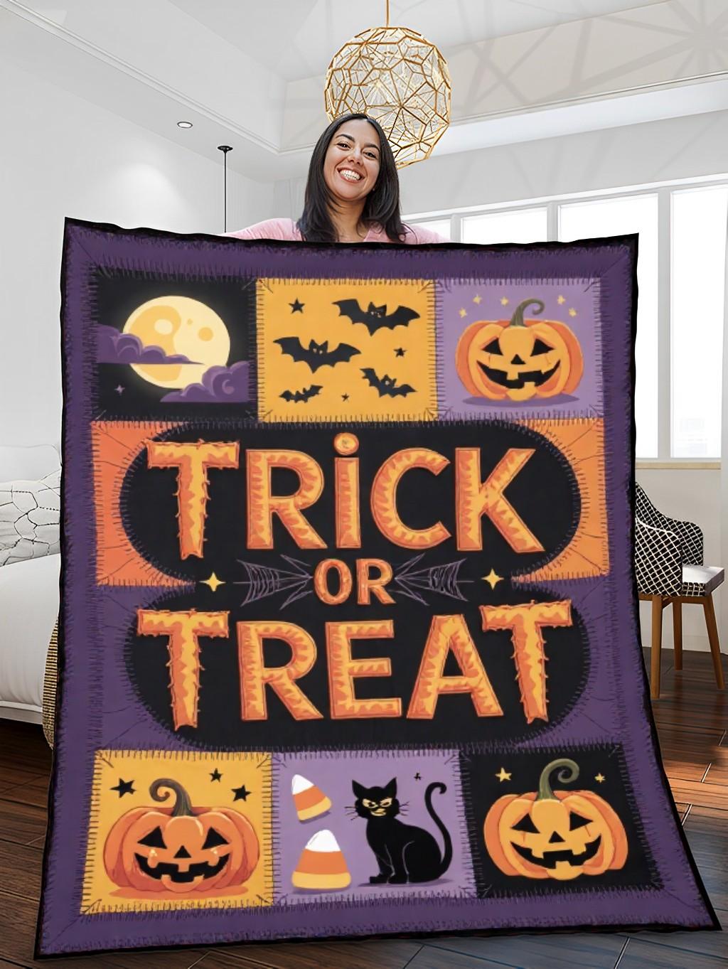 Elegant Halloween Quilted Blanket – Spooky Full Moon, Whimsical Jack-o’-Lanterns, Ghostly Bats, and Bold 'Trick or Treat' Appliqué – Perfect for Halloween home, living room, fireplace, and bedroom decor — a cozy, elegant, classy, chic, cute, unique, and aesthetic Halloween throw blanket, ideal for indoor decoration ideas and crafts
