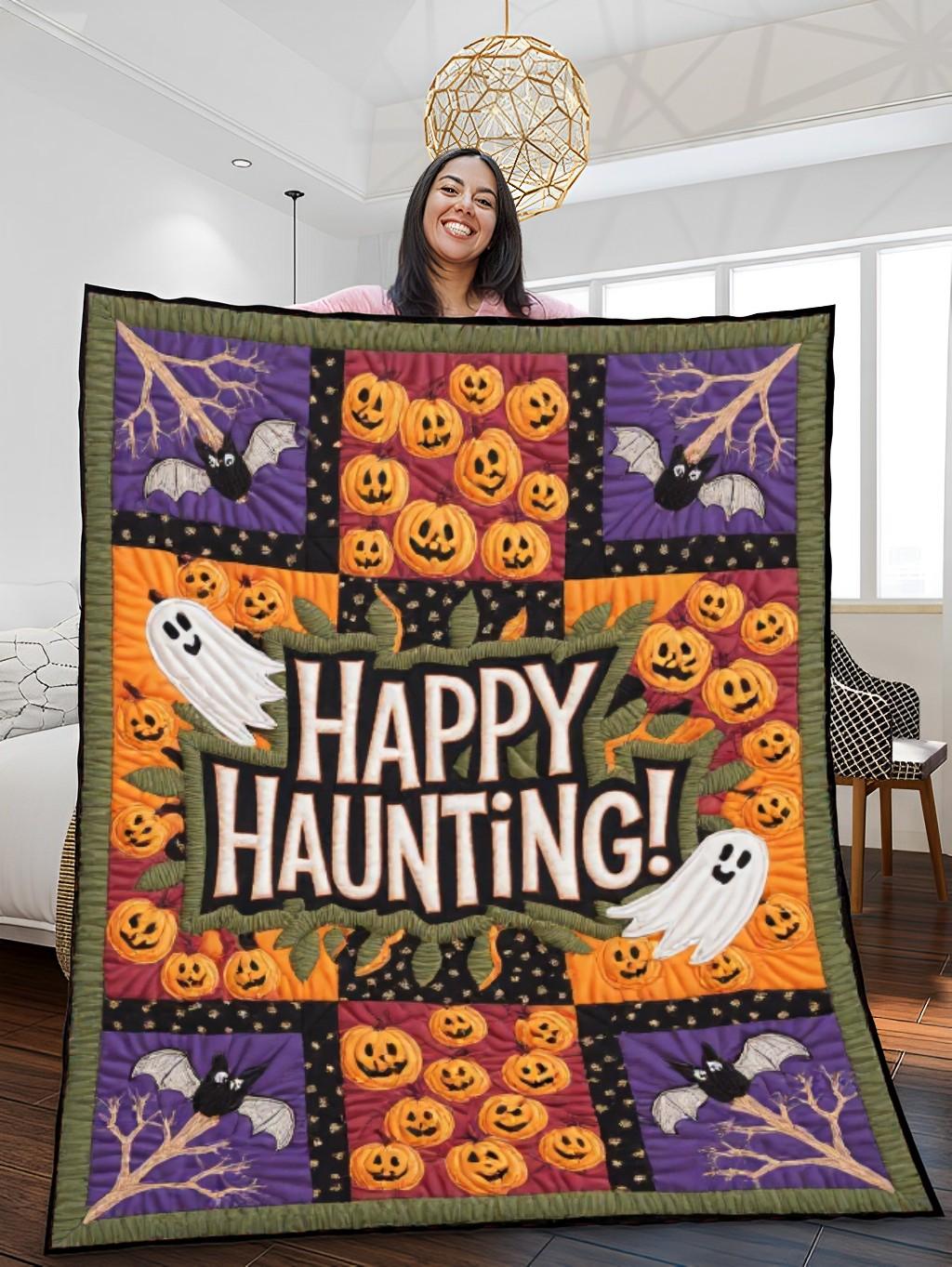 Elegant Halloween Quilted Blanket – Whimsical Spiders, Grinning Jack-o'-Lanterns, and Ewige Silhouettes Perfect for Halloween home, living room, fireplace, and bedroom decor — a cozy, elegant, classy, chic, cute, unique, and aesthetic Halloween throw blanket, ideal for indoor decoration ideas and crafts