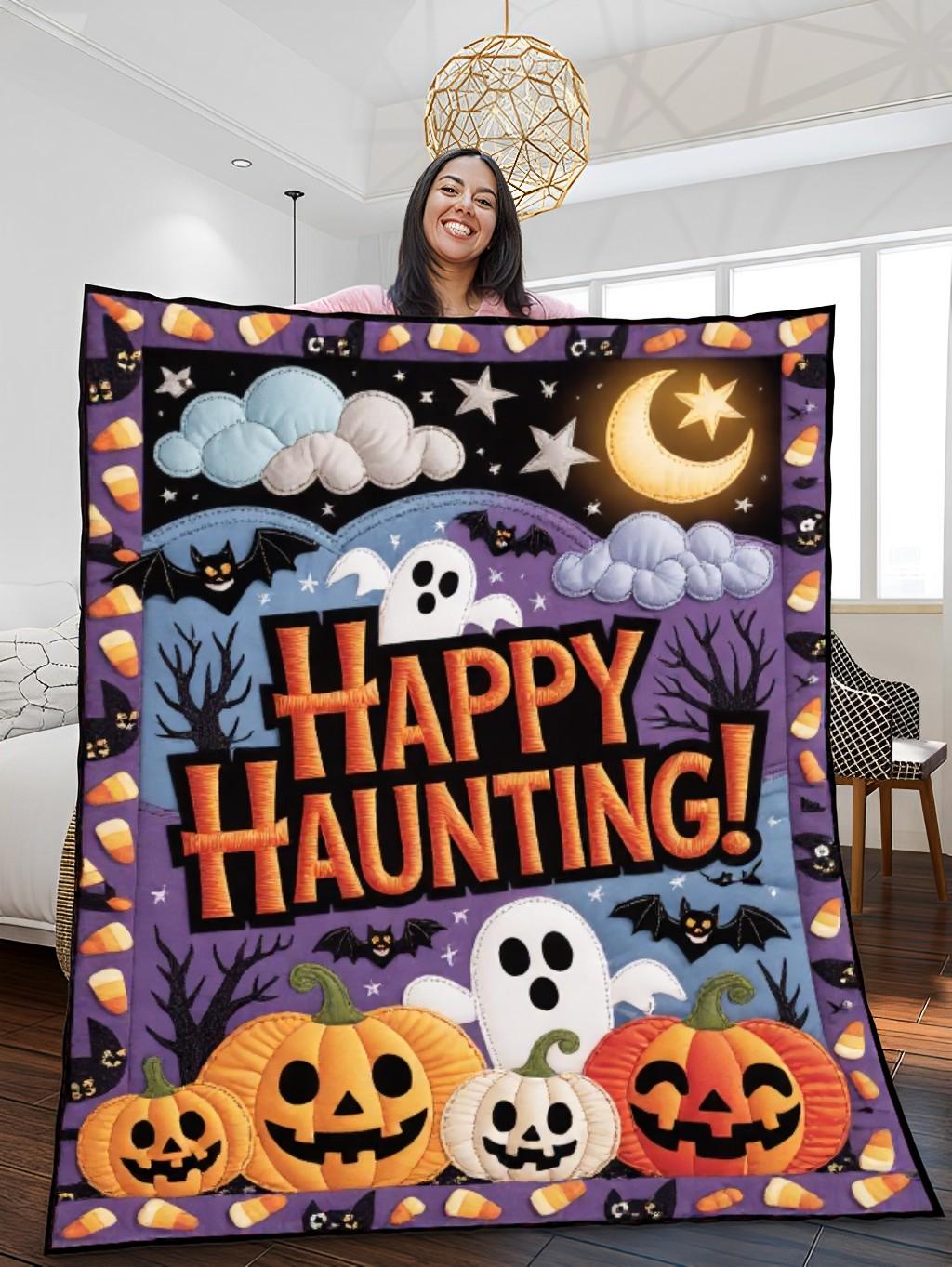 Elegant Halloween Quilted Blanket – Whimsical Pumpkins, Bewitching Bats, and Spooky Textured Ghosts in a Cozy Quilt Design Perfect for Halloween home, living room, fireplace, and bedroom decor — a cozy, elegant, classy, chic, cute, unique, and aesthetic Halloween throw blanket, ideal for indoor decoration ideas and crafts