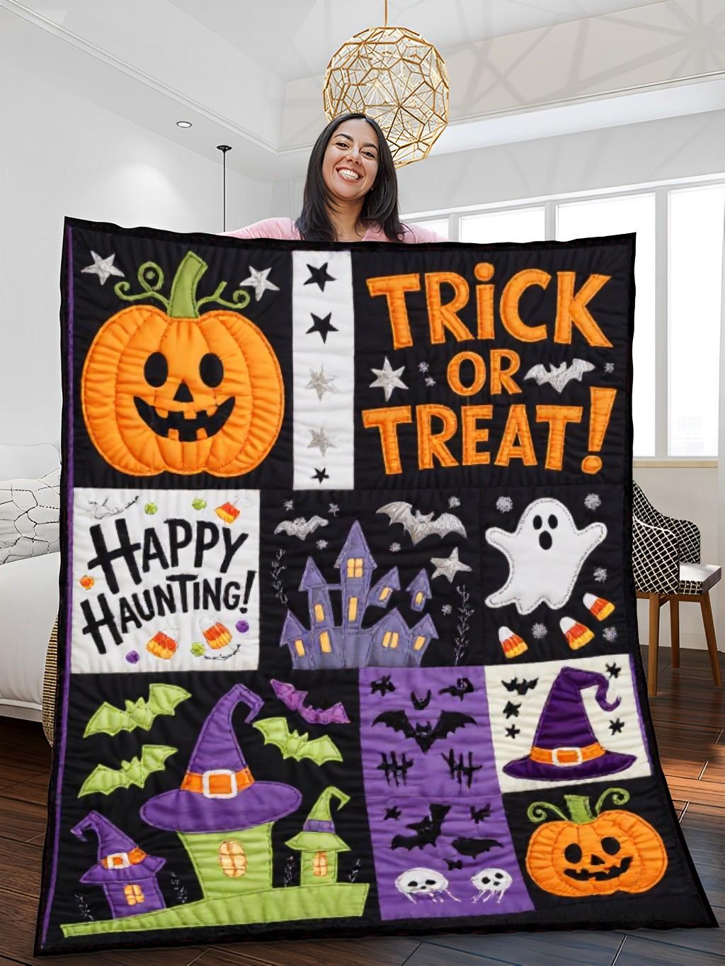Elegant Halloween Quilted Blanket – Spooky Pumpkins, Ghostly Fabrics, and Whimsical Witch Hats in a Cozy Quilted Design Perfect for Halloween home, living room, fireplace, and bedroom decor — a cozy, elegant, classy, chic, cute, unique, and aesthetic Halloween throw blanket, ideal for indoor decoration ideas and crafts