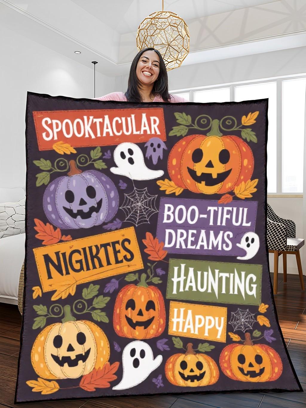 Elegant Halloween Quilted Blanket – Whimsical Pumpkins, Spooky Ghosts, and Bold Spiders with Stitched Text Banners – Perfect for Halloween home, living room, fireplace, and bedroom decor — a cozy, elegant, classy, chic, cute, unique, and aesthetic Halloween throw blanket, ideal for indoor decoration ideas and crafts