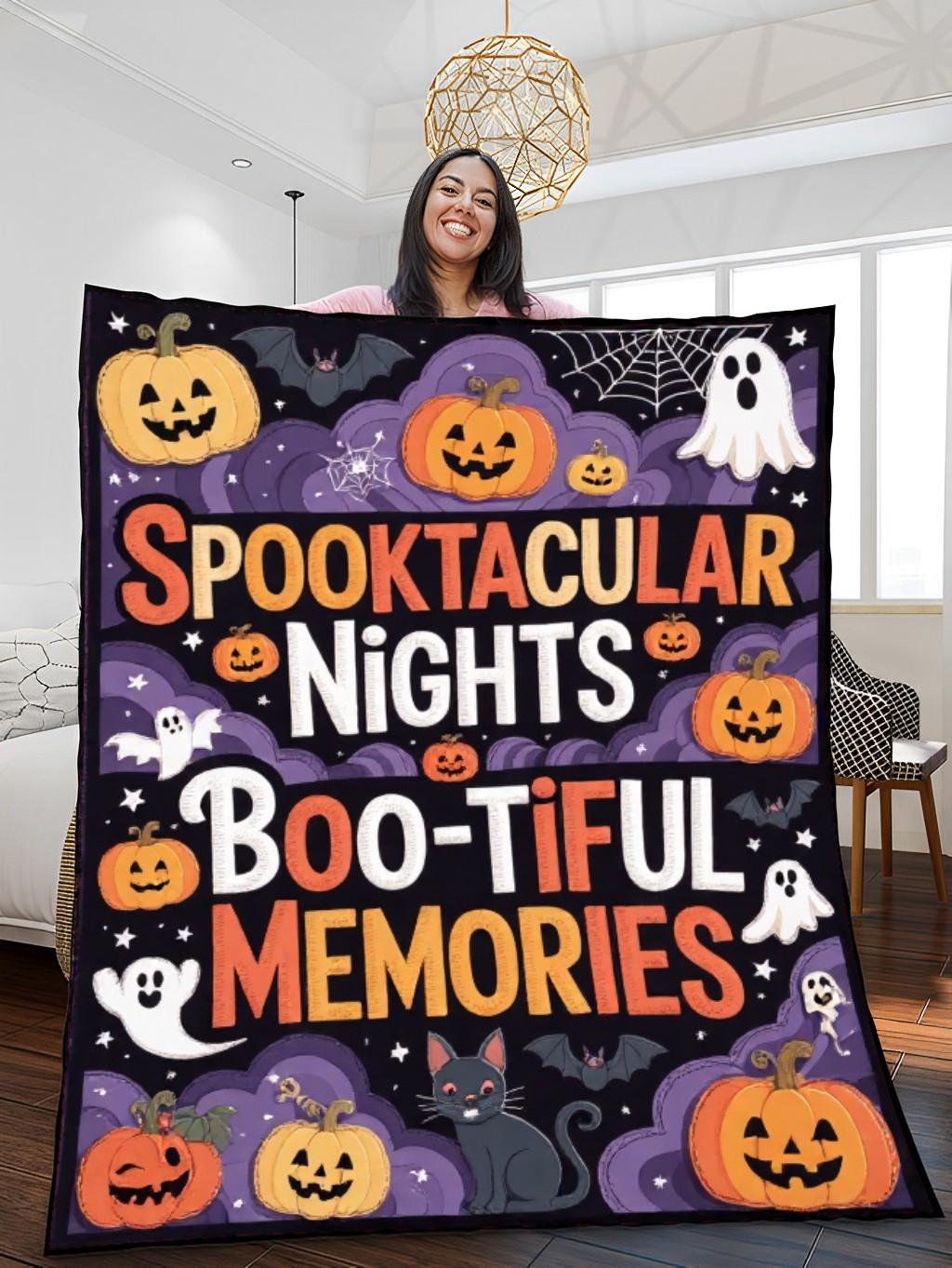 Elegant Halloween Quilted Blanket – Whimsical Pumpkins, Enchanted Ghosts, and Creepy Crawly Textures with Oversized Spooky Text – Perfect for Halloween home, living room, fireplace, and bedroom decor — a cozy, elegant, classy, chic, cute, unique, and aesthetic Halloween throw blanket, ideal for indoor decoration ideas and crafts