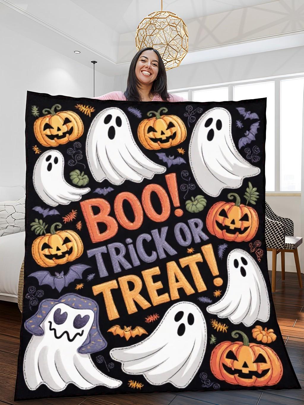 Elegant Halloween Quilted Blanket – Spooky Night with Oversized Ghosts, Jack-o’-Lanterns, and Bewitching Bats Outlined with Stitched Textures Perfect for Halloween home, living room, fireplace, and bedroom decor — a cozy, elegant, classy, chic, cute, unique, and aesthetic Halloween throw blanket, ideal for indoor decoration ideas and crafts