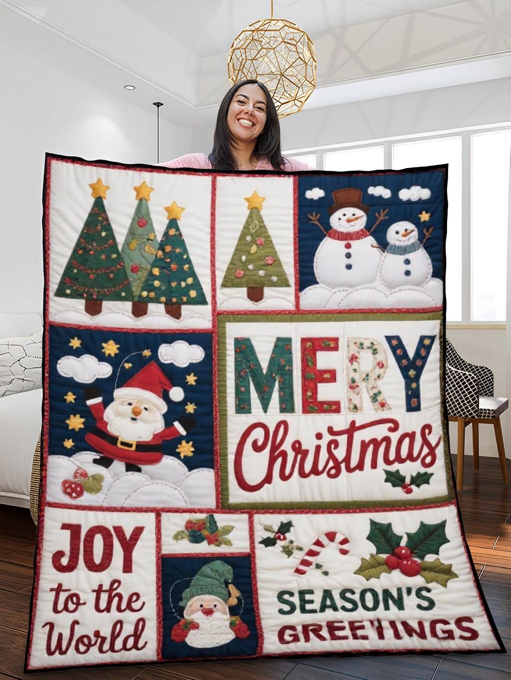 Elegant Christmas Quilted Blanket – Whimsical Christmas Trees, Joyful Snowmen, and Bold 'Merry Christmas' Appliqué – Perfect For Home, Living Room, Fireplace, And Bedroom Decor — Ideal For Indoor Decoration, Gift Ideas And Crafts, Cozy, Elegant, Classy, Chic, Cute, Unique, And Aesthetic Christmas Throw Blanket