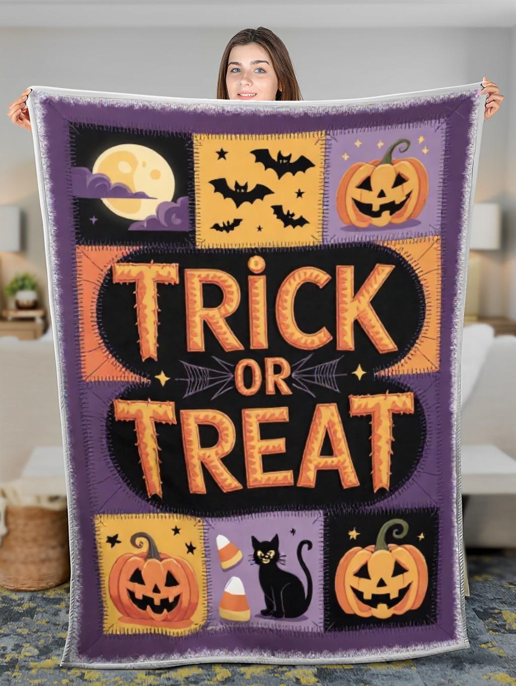 Elegant Halloween Quilted Blanket – Spooky Full Moon, Whimsical Jack-o’-Lanterns, Ghostly Bats, and Bold 'Trick or Treat' Appliqué – Perfect for Halloween home, living room, fireplace, and bedroom decor — a cozy, elegant, classy, chic, cute, unique, and aesthetic Halloween throw blanket, ideal for indoor decoration ideas and crafts - Image 3