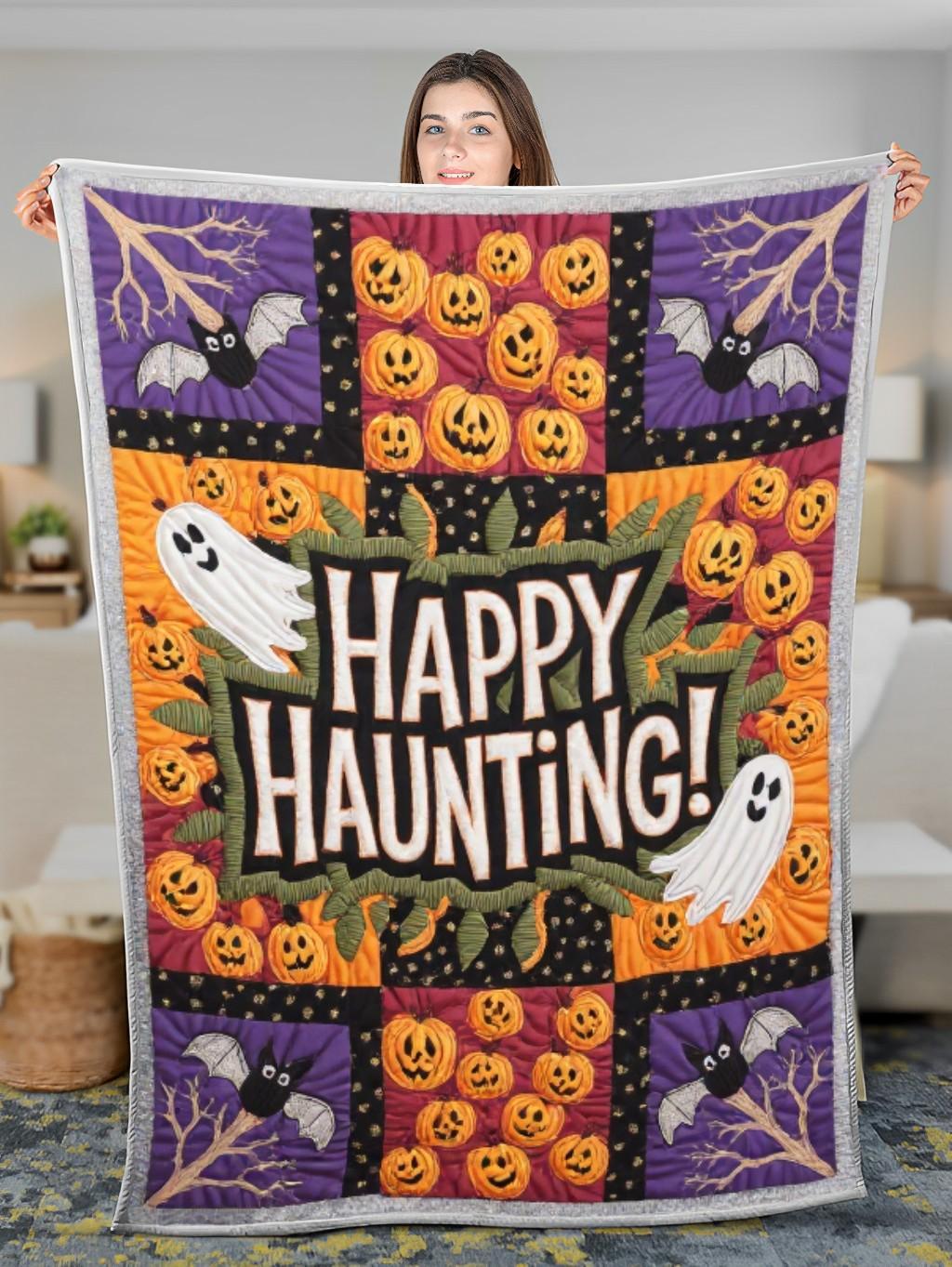 Elegant Halloween Quilted Blanket – Whimsical Spiders, Grinning Jack-o'-Lanterns, and Ewige Silhouettes Perfect for Halloween home, living room, fireplace, and bedroom decor — a cozy, elegant, classy, chic, cute, unique, and aesthetic Halloween throw blanket, ideal for indoor decoration ideas and crafts - Image 3