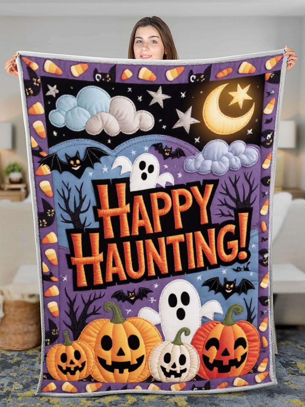 Elegant Halloween Quilted Blanket – Whimsical Pumpkins, Bewitching Bats, and Spooky Textured Ghosts in a Cozy Quilt Design Perfect for Halloween home, living room, fireplace, and bedroom decor — a cozy, elegant, classy, chic, cute, unique, and aesthetic Halloween throw blanket, ideal for indoor decoration ideas and crafts - Image 3
