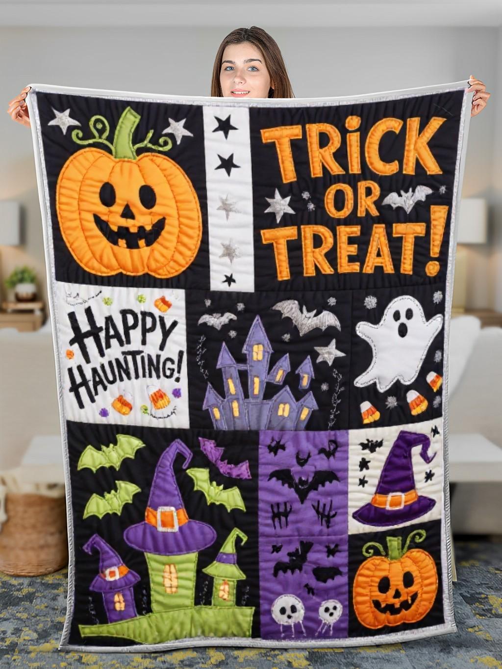 Elegant Halloween Quilted Blanket – Spooky Pumpkins, Ghostly Fabrics, and Whimsical Witch Hats in a Cozy Quilted Design Perfect for Halloween home, living room, fireplace, and bedroom decor — a cozy, elegant, classy, chic, cute, unique, and aesthetic Halloween throw blanket, ideal for indoor decoration ideas and crafts - Image 3