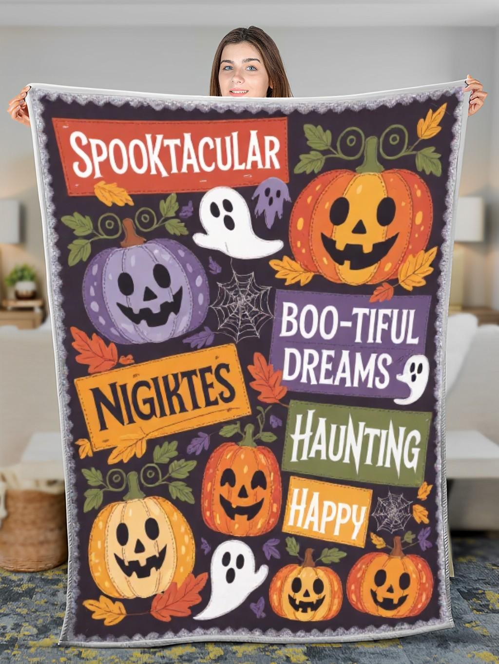 Elegant Halloween Quilted Blanket – Whimsical Pumpkins, Spooky Ghosts, and Bold Spiders with Stitched Text Banners – Perfect for Halloween home, living room, fireplace, and bedroom decor — a cozy, elegant, classy, chic, cute, unique, and aesthetic Halloween throw blanket, ideal for indoor decoration ideas and crafts - Image 3