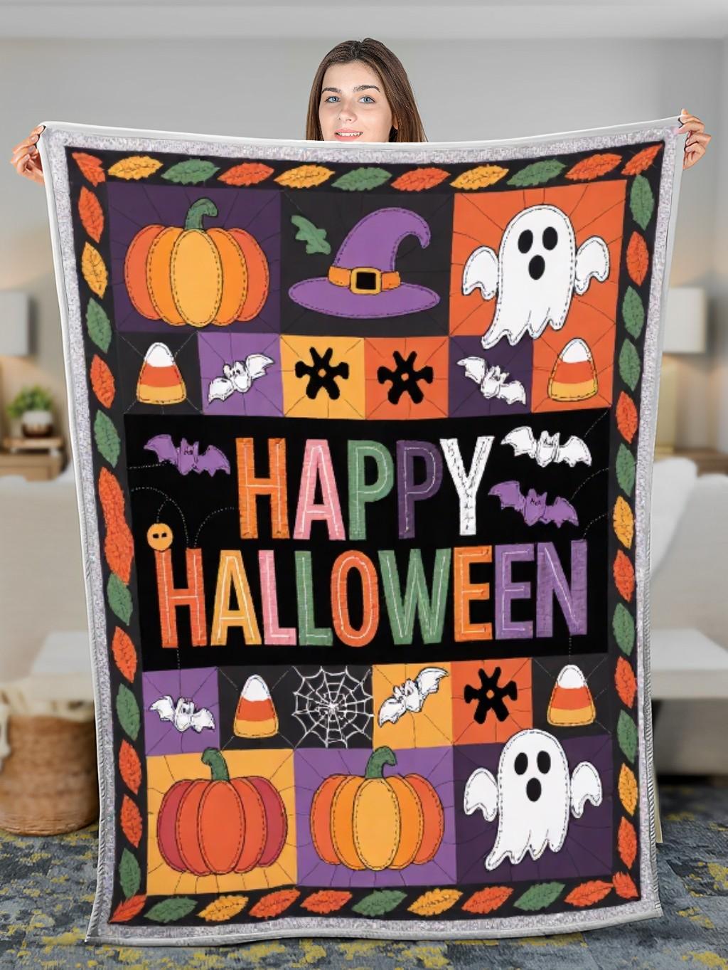 Elegant Halloween Quilted Blanket – Whimsical Pumpkins, Spooky Ghosts, and Festive Bats with Bold 'Happy Halloween' Appliqué – Perfect for Halloween home, living room, fireplace, and bedroom decor — a cozy, elegant, classy, chic, cute, unique, and aesthetic Halloween throw blanket, ideal for indoor decoration ideas and crafts - Image 3