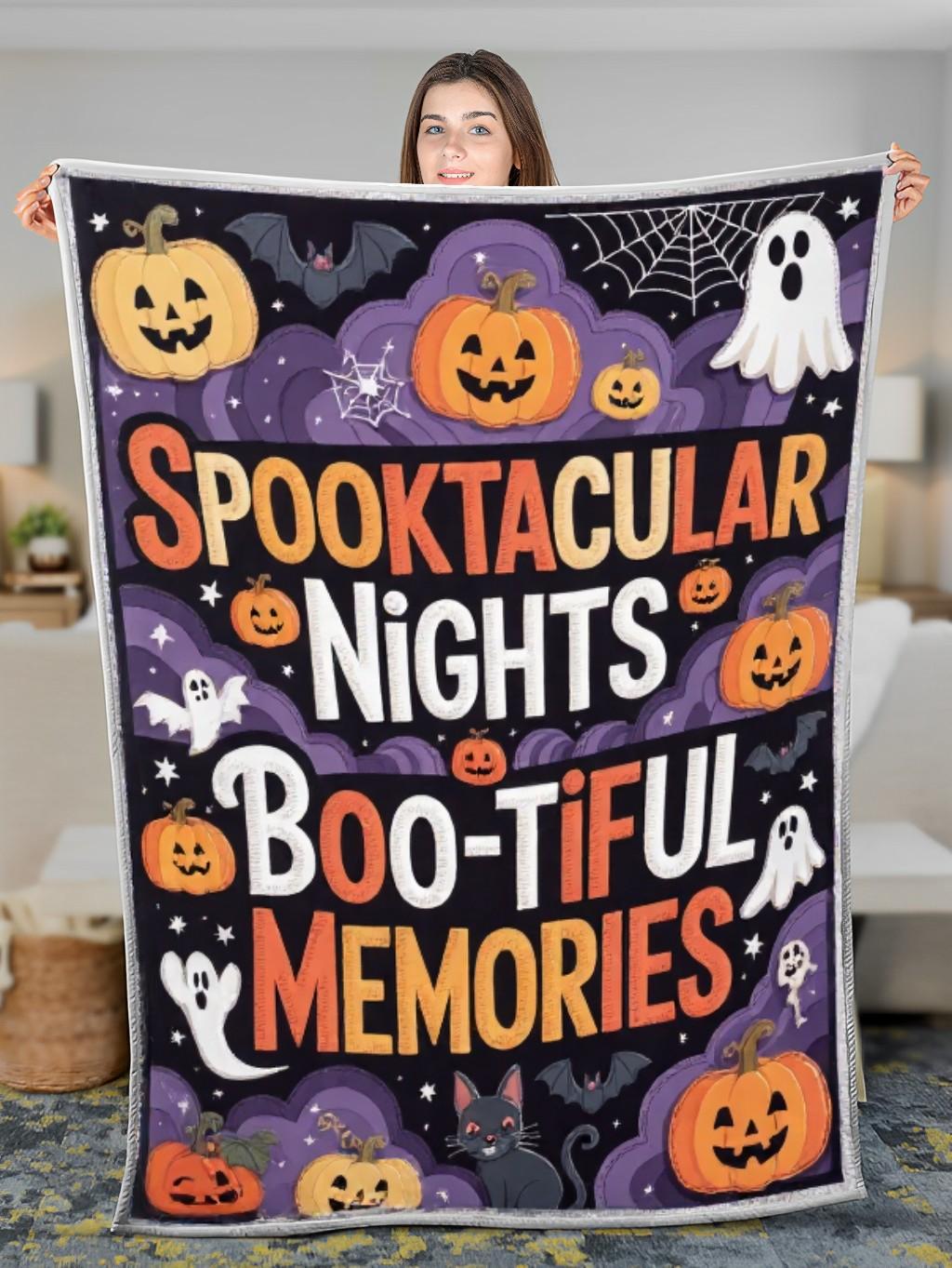 Elegant Halloween Quilted Blanket – Whimsical Pumpkins, Enchanted Ghosts, and Creepy Crawly Textures with Oversized Spooky Text – Perfect for Halloween home, living room, fireplace, and bedroom decor — a cozy, elegant, classy, chic, cute, unique, and aesthetic Halloween throw blanket, ideal for indoor decoration ideas and crafts - Image 3