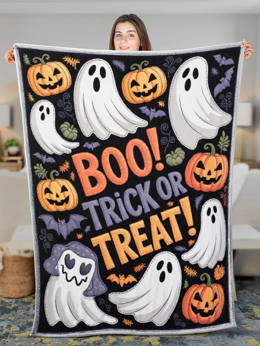 Elegant Halloween Quilted Blanket – Spooky Night with Oversized Ghosts, Jack-o’-Lanterns, and Bewitching Bats Outlined with Stitched Textures Perfect for Halloween home, living room, fireplace, and bedroom decor — a cozy, elegant, classy, chic, cute, unique, and aesthetic Halloween throw blanket, ideal for indoor decoration ideas and crafts - Image 3