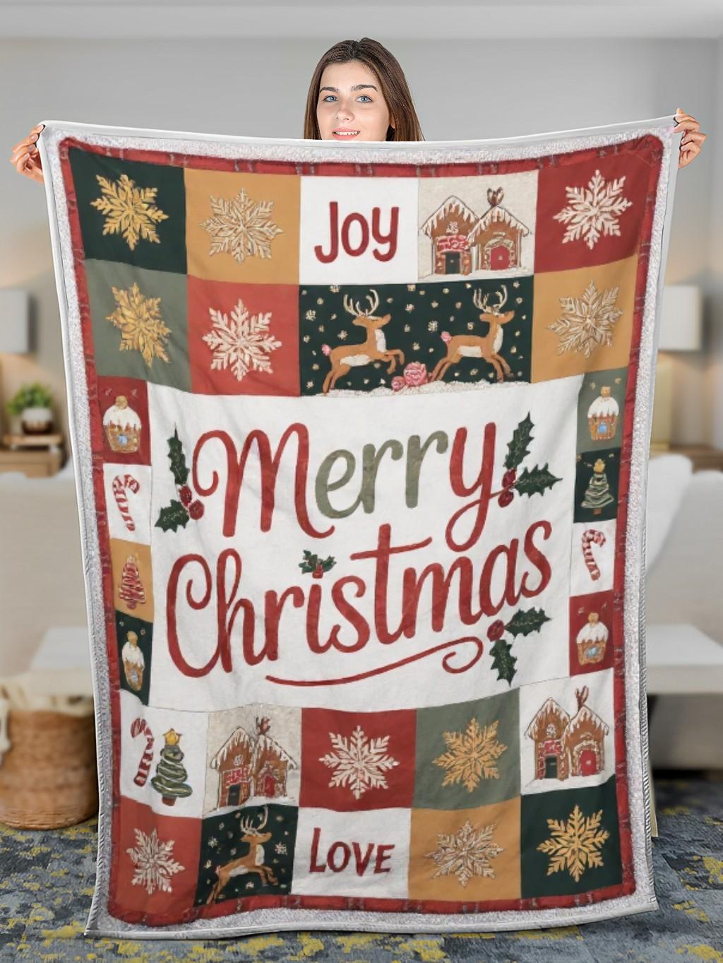 Elegant Christmas Quilted Blanket – Whimsical Snowflakes, Joyful Reindeer, and Oversized Stitched Merry Text – Perfect For Home, Living Room, Fireplace, And Bedroom Decor — Ideal For Indoor Decoration, Gift Ideas And Crafts, Cozy, Elegant, Classy, Chic, Cute, Unique, And Aesthetic Christmas Throw Blanket - Image 3