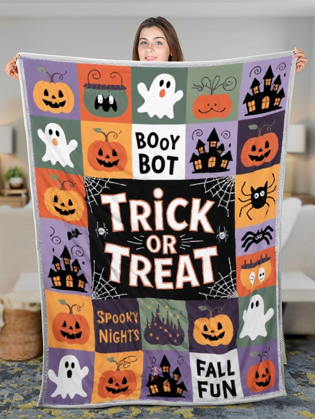 Elegant Halloween Quilted Blanket – Spooky Ghosts, Haunted Houses, Pumpkins, and Oversized Stitched Text Perfect for Halloween home, living room, fireplace, and bedroom decor — a cozy, elegant, classy, chic, cute, unique, and aesthetic Halloween throw blanket, ideal for indoor decoration ideas and crafts - Image 3
