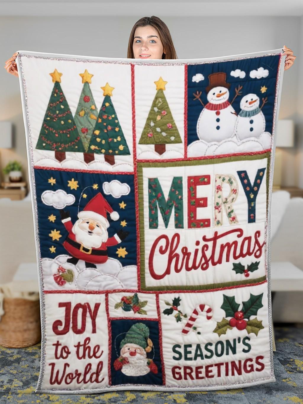 Elegant Christmas Quilted Blanket – Whimsical Christmas Trees, Joyful Snowmen, and Bold 'Merry Christmas' Appliqué – Perfect For Home, Living Room, Fireplace, And Bedroom Decor — Ideal For Indoor Decoration, Gift Ideas And Crafts, Cozy, Elegant, Classy, Chic, Cute, Unique, And Aesthetic Christmas Throw Blanket - Image 3