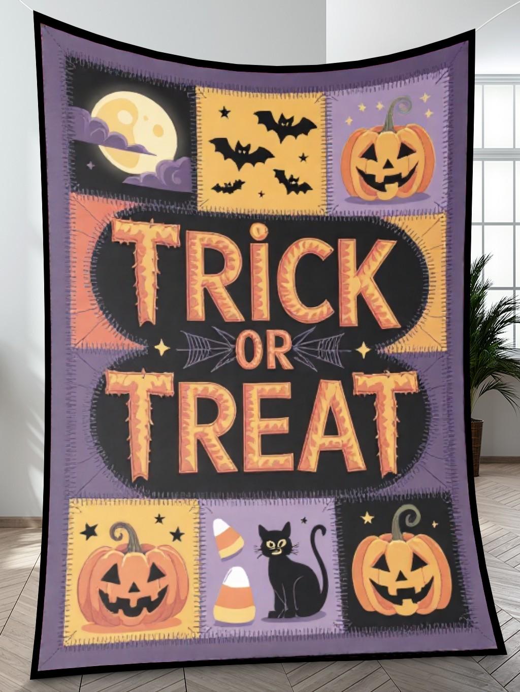 Elegant Halloween Quilted Blanket – Spooky Full Moon, Whimsical Jack-o’-Lanterns, Ghostly Bats, and Bold 'Trick or Treat' Appliqué – Perfect for Halloween home, living room, fireplace, and bedroom decor — a cozy, elegant, classy, chic, cute, unique, and aesthetic Halloween throw blanket, ideal for indoor decoration ideas and crafts - Image 4