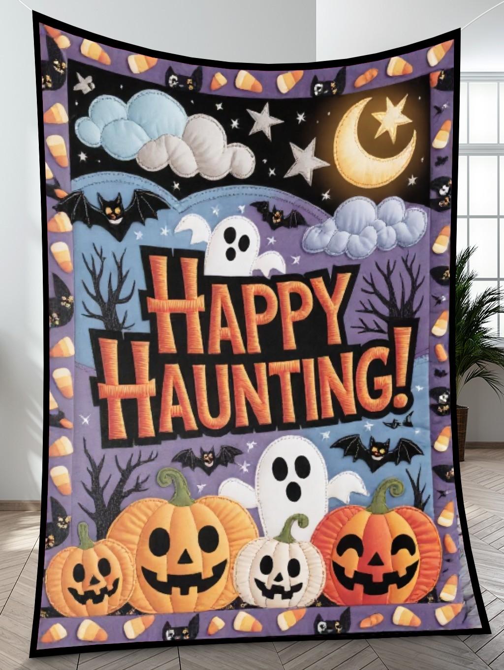 Elegant Halloween Quilted Blanket – Whimsical Pumpkins, Bewitching Bats, and Spooky Textured Ghosts in a Cozy Quilt Design Perfect for Halloween home, living room, fireplace, and bedroom decor — a cozy, elegant, classy, chic, cute, unique, and aesthetic Halloween throw blanket, ideal for indoor decoration ideas and crafts - Image 4