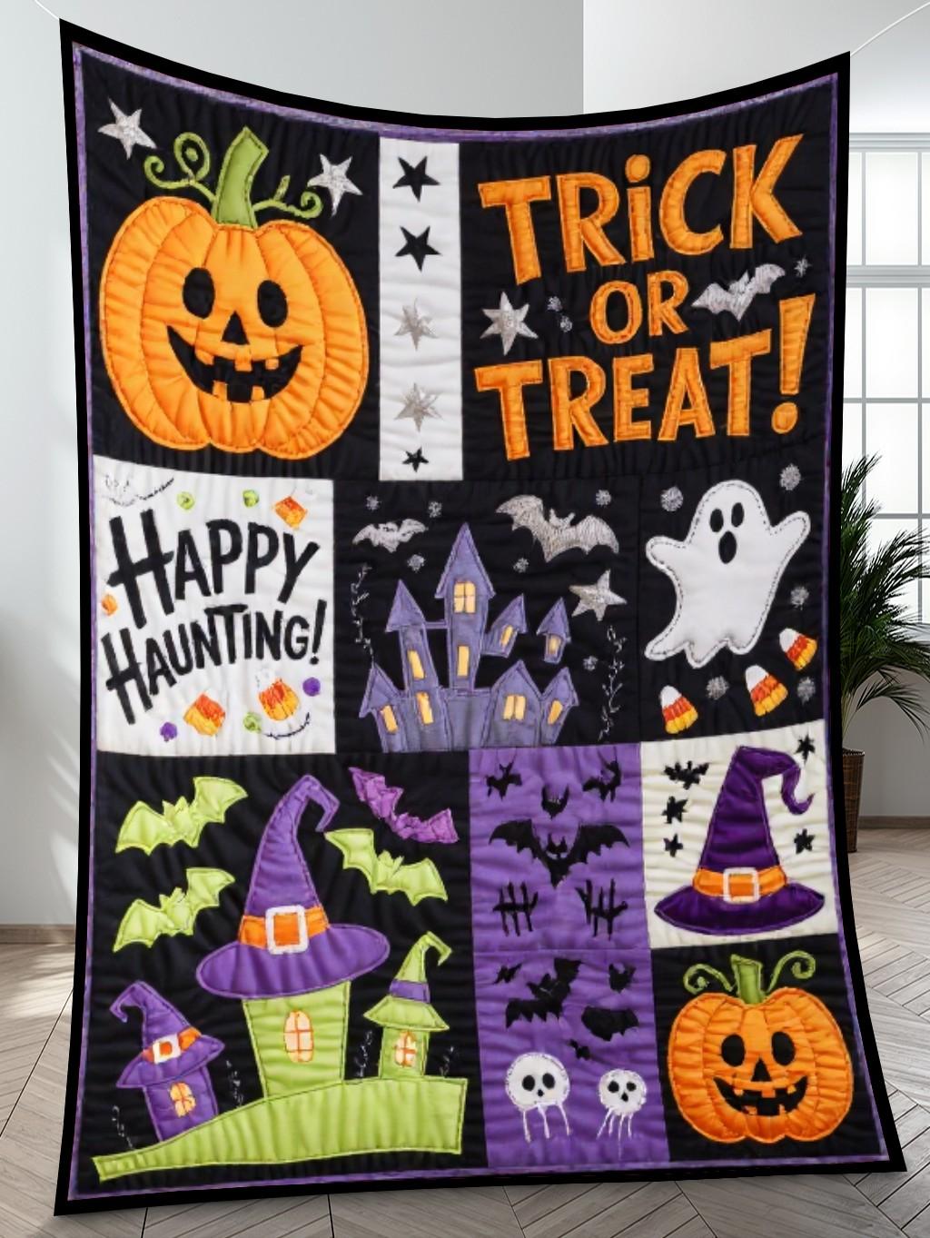 Elegant Halloween Quilted Blanket – Spooky Pumpkins, Ghostly Fabrics, and Whimsical Witch Hats in a Cozy Quilted Design Perfect for Halloween home, living room, fireplace, and bedroom decor — a cozy, elegant, classy, chic, cute, unique, and aesthetic Halloween throw blanket, ideal for indoor decoration ideas and crafts - Image 4