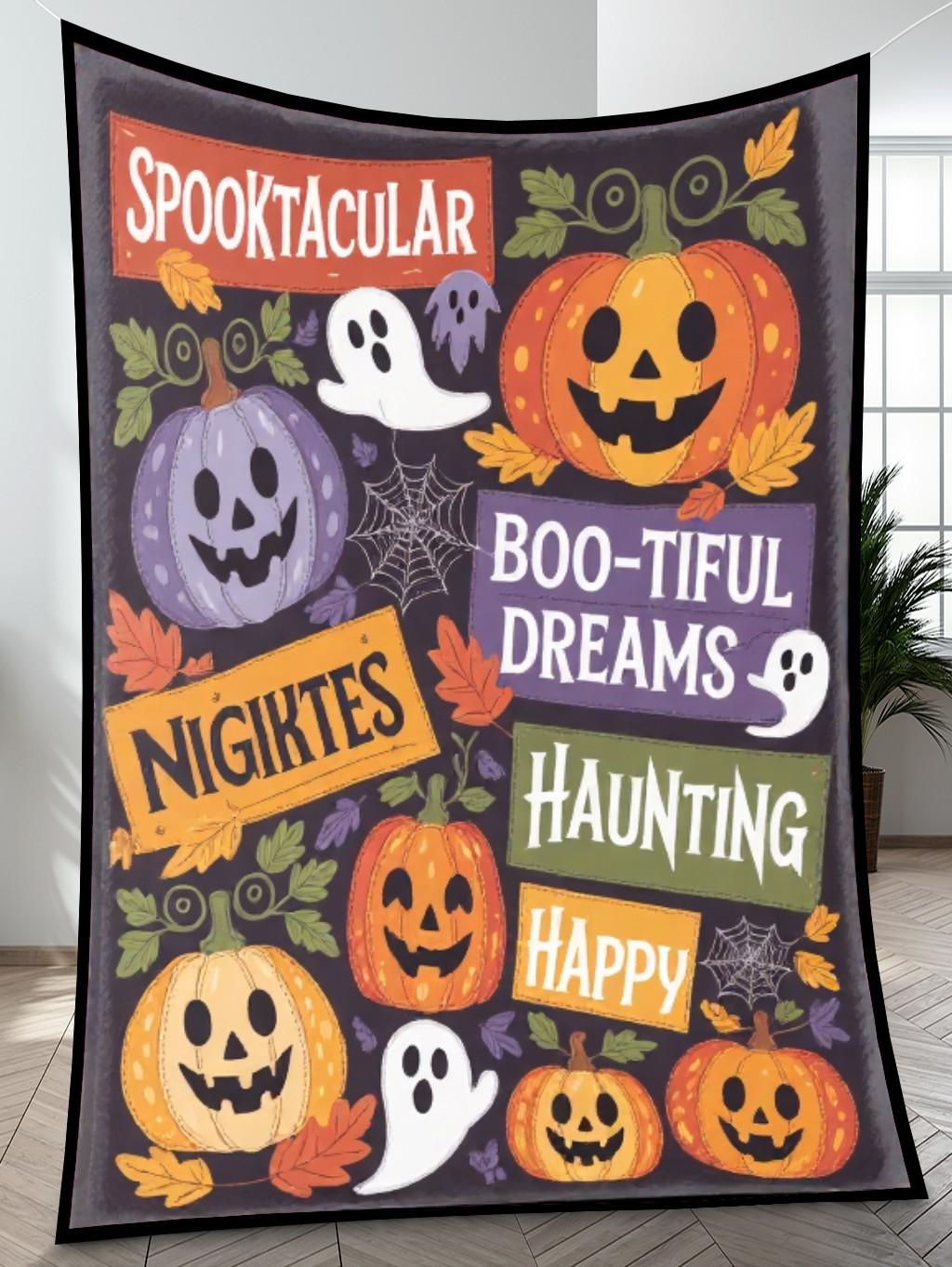 Elegant Halloween Quilted Blanket – Whimsical Pumpkins, Spooky Ghosts, and Bold Spiders with Stitched Text Banners – Perfect for Halloween home, living room, fireplace, and bedroom decor — a cozy, elegant, classy, chic, cute, unique, and aesthetic Halloween throw blanket, ideal for indoor decoration ideas and crafts - Image 4