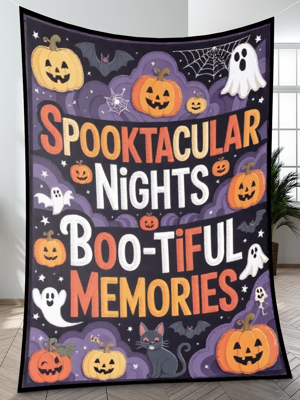 Elegant Halloween Quilted Blanket – Whimsical Pumpkins, Enchanted Ghosts, and Creepy Crawly Textures with Oversized Spooky Text – Perfect for Halloween home, living room, fireplace, and bedroom decor — a cozy, elegant, classy, chic, cute, unique, and aesthetic Halloween throw blanket, ideal for indoor decoration ideas and crafts - Image 4