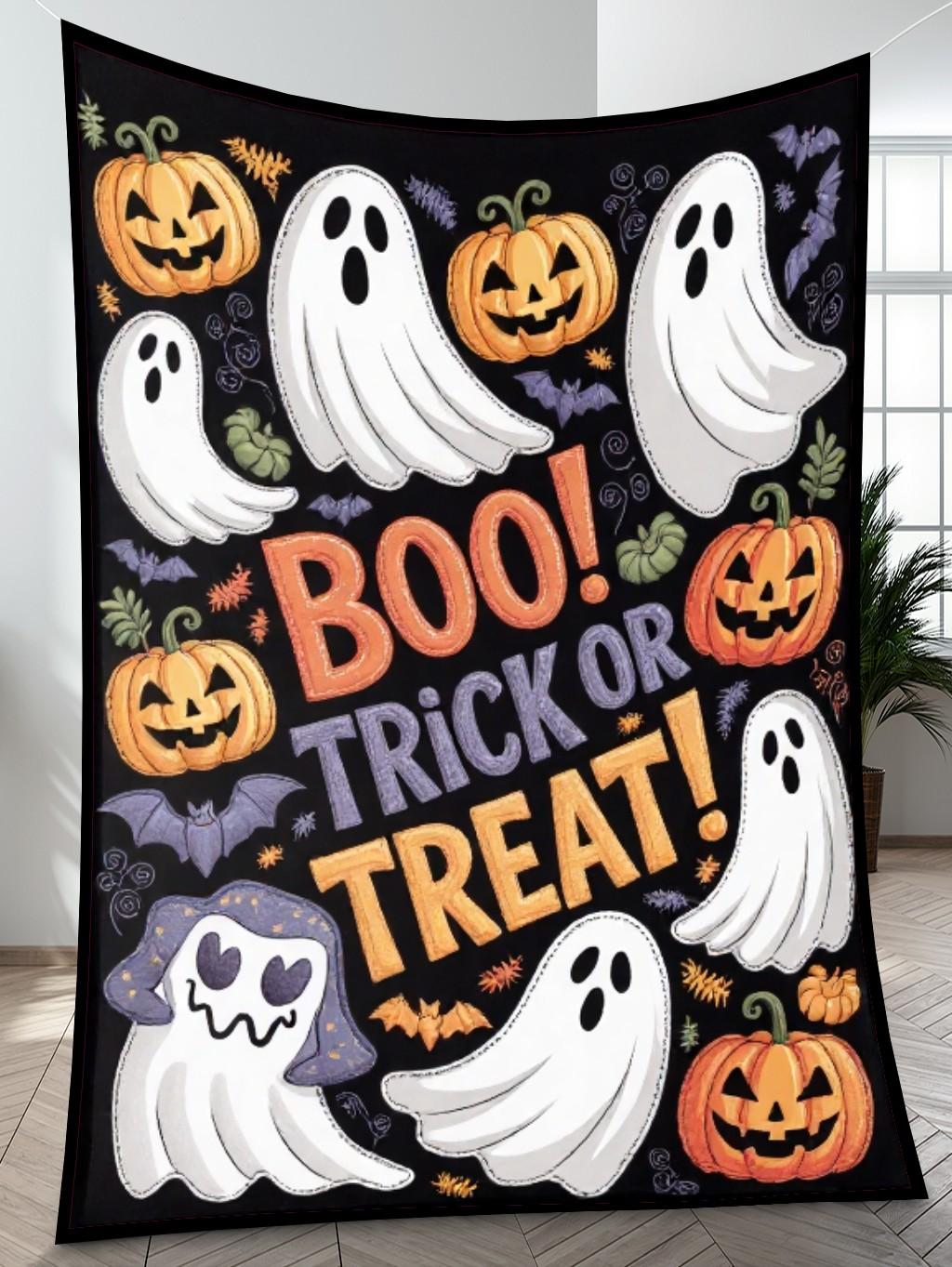 Elegant Halloween Quilted Blanket – Spooky Night with Oversized Ghosts, Jack-o’-Lanterns, and Bewitching Bats Outlined with Stitched Textures Perfect for Halloween home, living room, fireplace, and bedroom decor — a cozy, elegant, classy, chic, cute, unique, and aesthetic Halloween throw blanket, ideal for indoor decoration ideas and crafts - Image 4