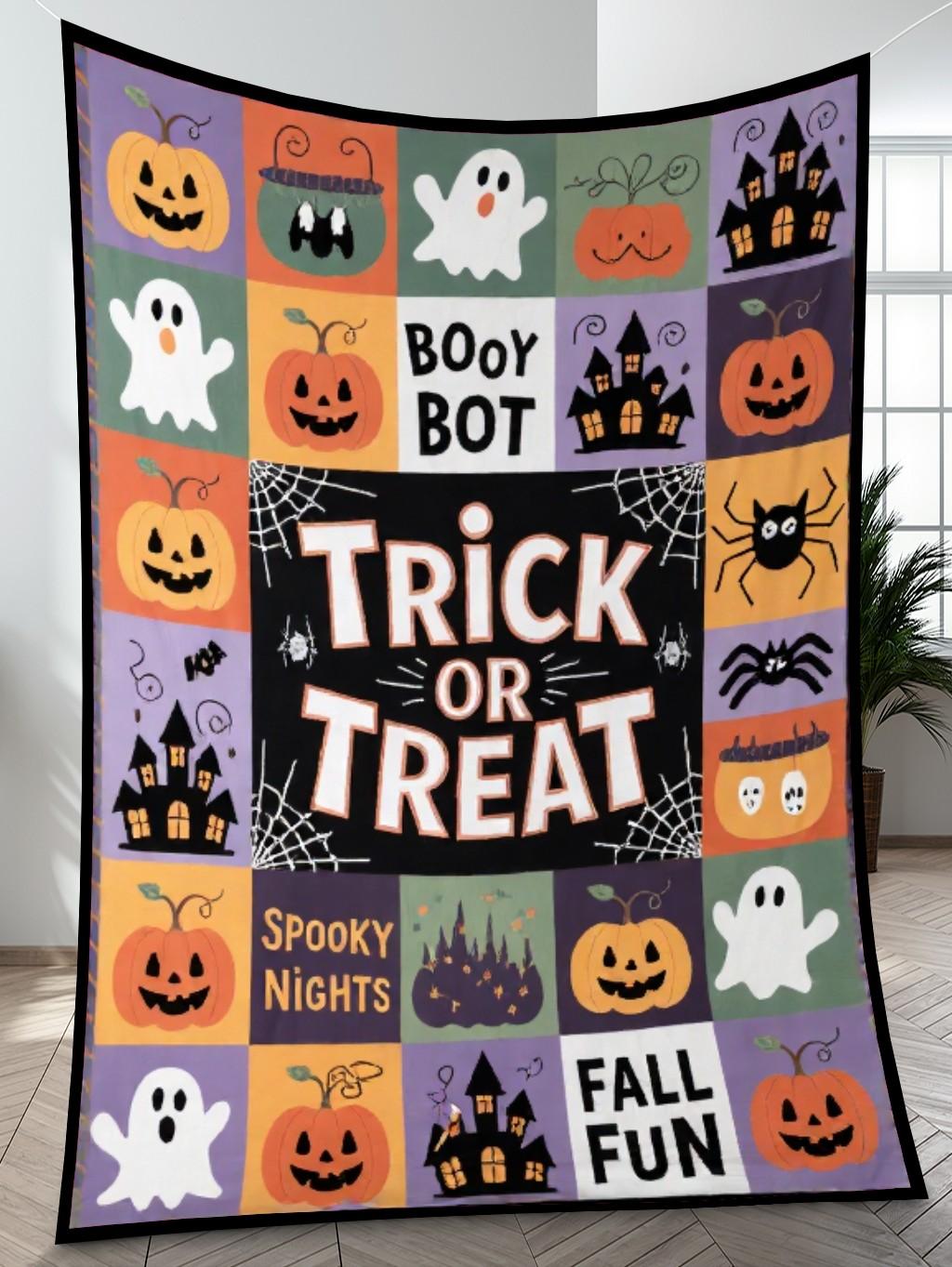 Elegant Halloween Quilted Blanket – Spooky Ghosts, Haunted Houses, Pumpkins, and Oversized Stitched Text Perfect for Halloween home, living room, fireplace, and bedroom decor — a cozy, elegant, classy, chic, cute, unique, and aesthetic Halloween throw blanket, ideal for indoor decoration ideas and crafts - Image 4