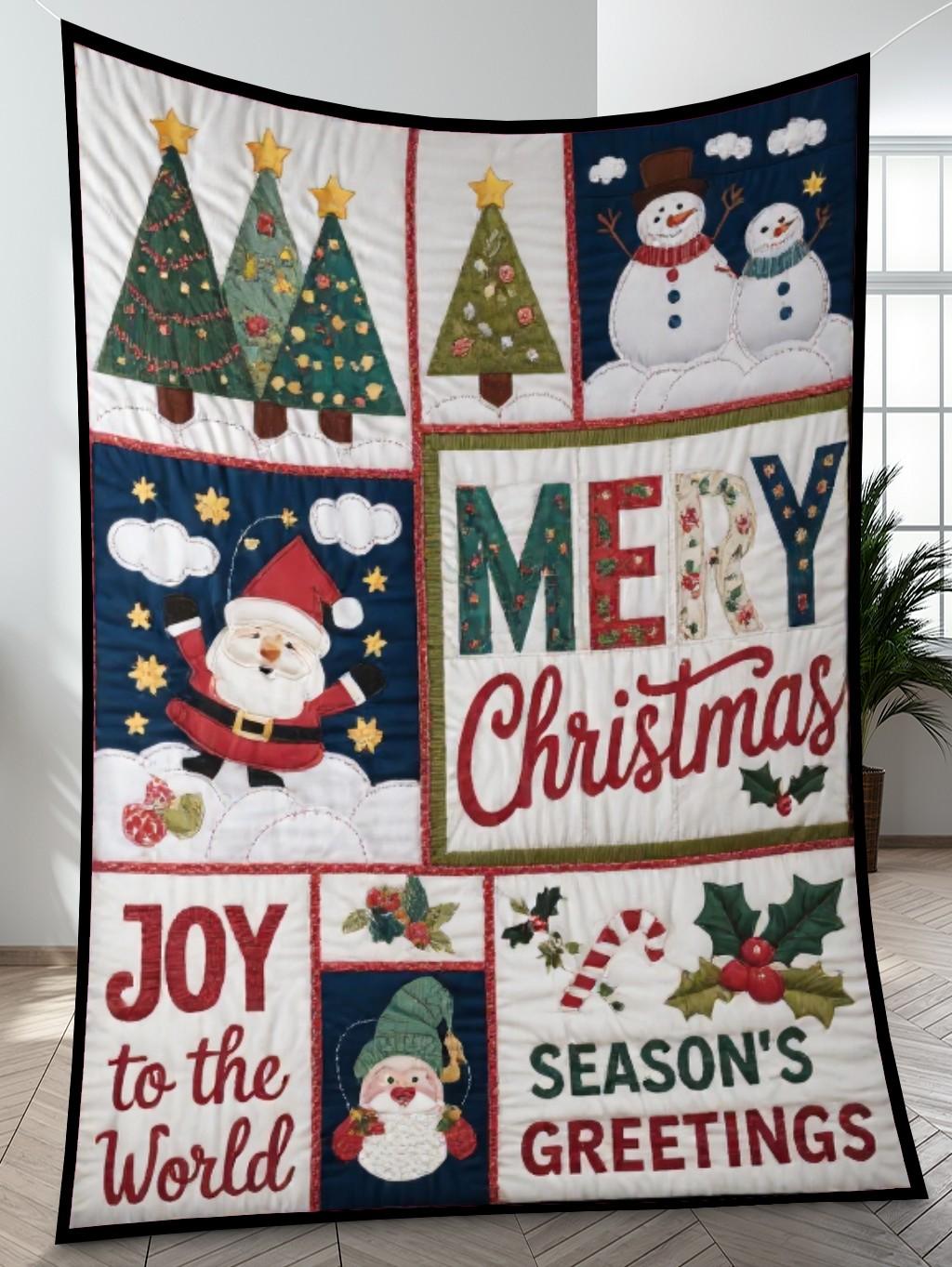 Elegant Christmas Quilted Blanket – Whimsical Christmas Trees, Joyful Snowmen, and Bold 'Merry Christmas' Appliqué – Perfect For Home, Living Room, Fireplace, And Bedroom Decor — Ideal For Indoor Decoration, Gift Ideas And Crafts, Cozy, Elegant, Classy, Chic, Cute, Unique, And Aesthetic Christmas Throw Blanket - Image 4