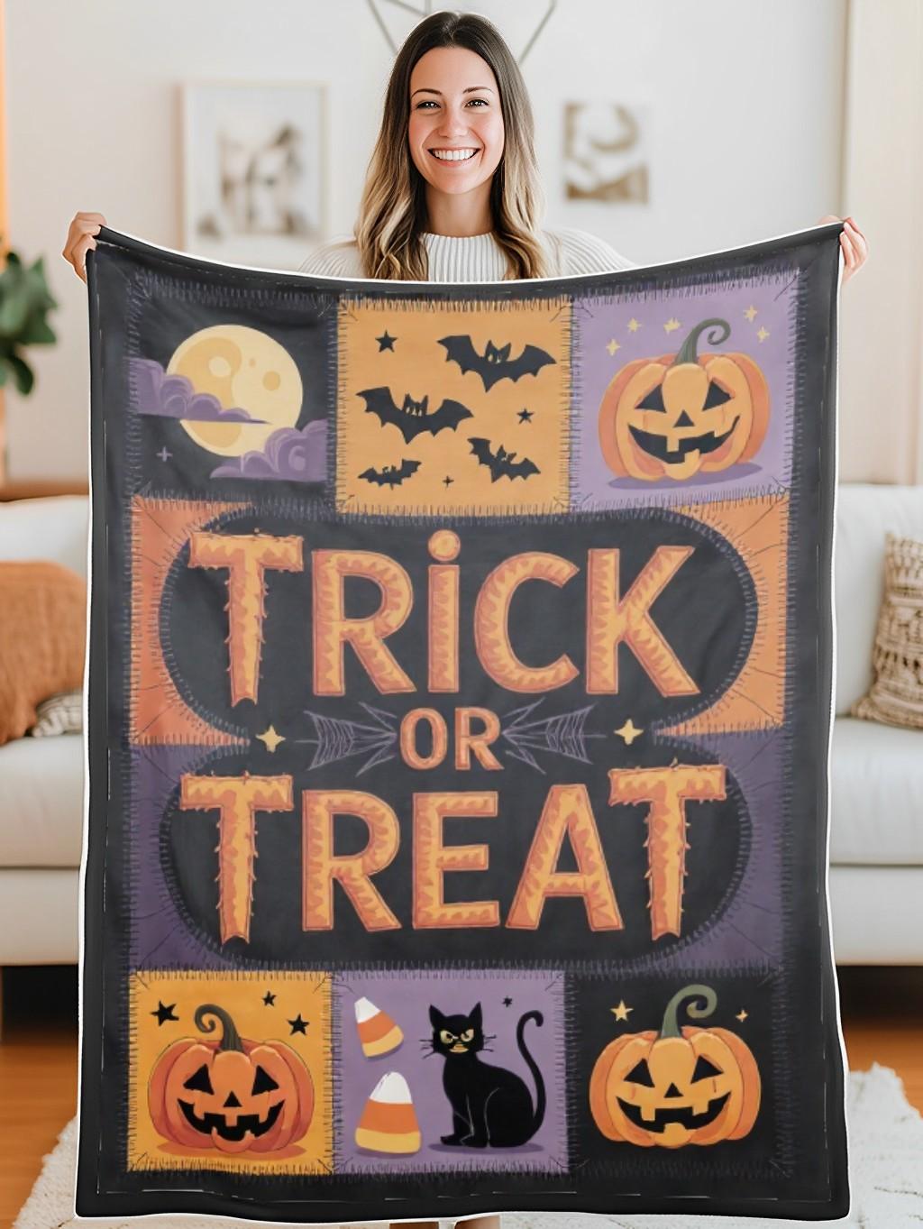 Elegant Halloween Quilted Blanket – Spooky Full Moon, Whimsical Jack-o’-Lanterns, Ghostly Bats, and Bold 'Trick or Treat' Appliqué – Perfect for Halloween home, living room, fireplace, and bedroom decor — a cozy, elegant, classy, chic, cute, unique, and aesthetic Halloween throw blanket, ideal for indoor decoration ideas and crafts - Image 5
