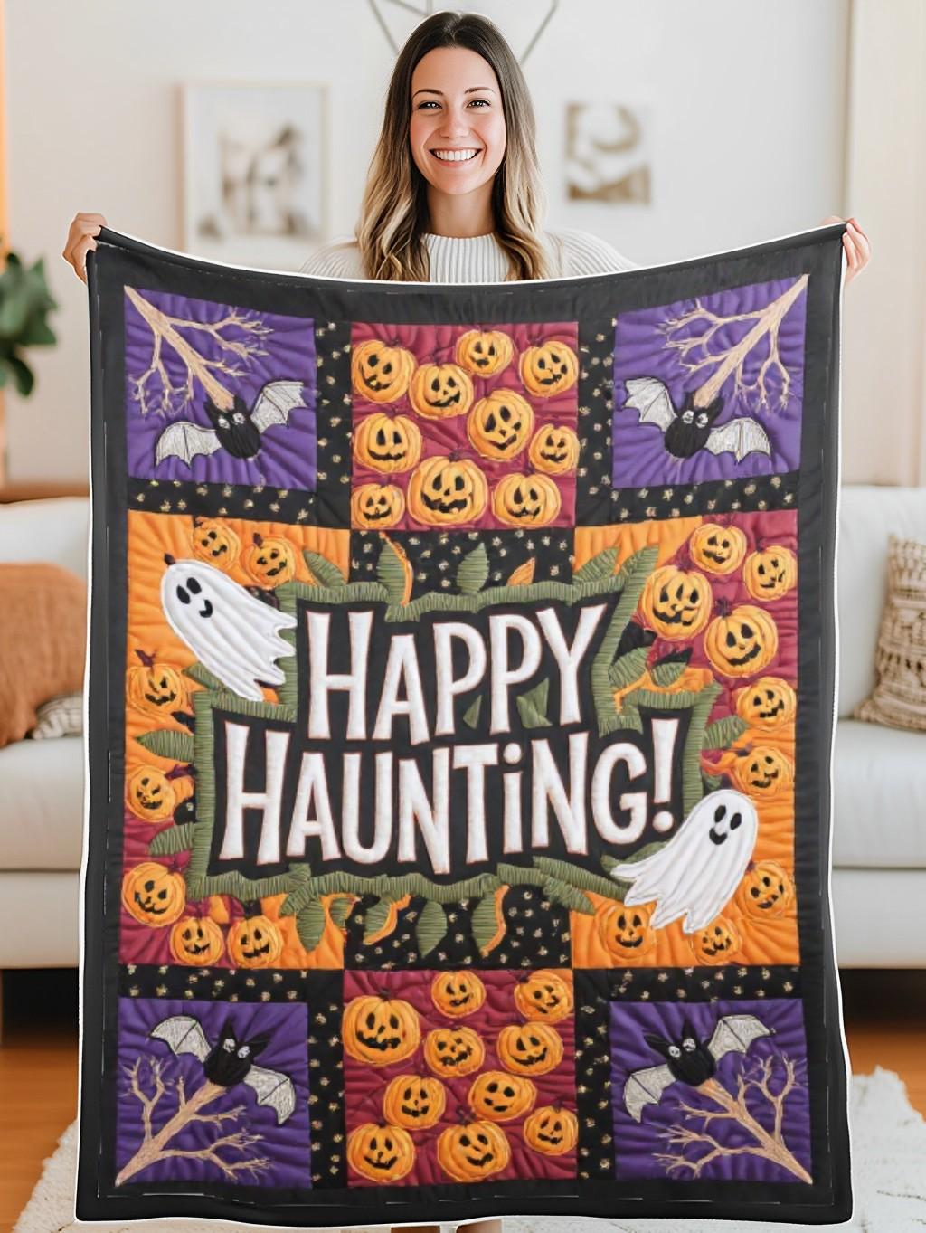Elegant Halloween Quilted Blanket – Whimsical Spiders, Grinning Jack-o'-Lanterns, and Ewige Silhouettes Perfect for Halloween home, living room, fireplace, and bedroom decor — a cozy, elegant, classy, chic, cute, unique, and aesthetic Halloween throw blanket, ideal for indoor decoration ideas and crafts - Image 5