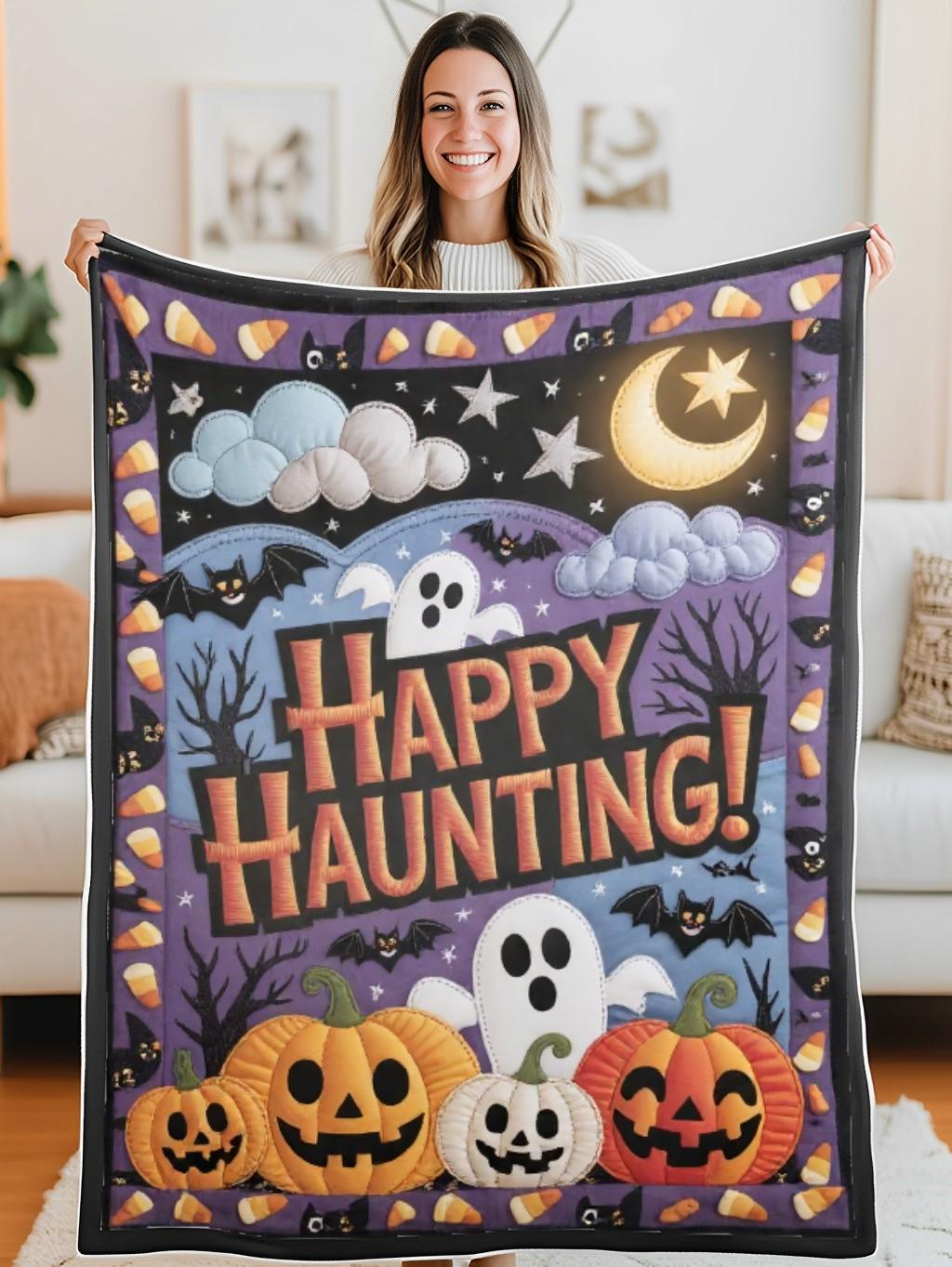 Elegant Halloween Quilted Blanket – Whimsical Pumpkins, Bewitching Bats, and Spooky Textured Ghosts in a Cozy Quilt Design Perfect for Halloween home, living room, fireplace, and bedroom decor — a cozy, elegant, classy, chic, cute, unique, and aesthetic Halloween throw blanket, ideal for indoor decoration ideas and crafts - Image 5