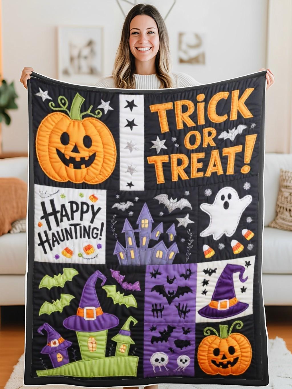 Elegant Halloween Quilted Blanket – Spooky Pumpkins, Ghostly Fabrics, and Whimsical Witch Hats in a Cozy Quilted Design Perfect for Halloween home, living room, fireplace, and bedroom decor — a cozy, elegant, classy, chic, cute, unique, and aesthetic Halloween throw blanket, ideal for indoor decoration ideas and crafts - Image 5