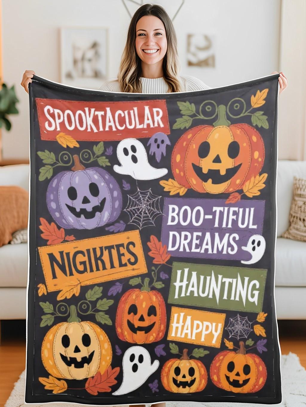 Elegant Halloween Quilted Blanket – Whimsical Pumpkins, Spooky Ghosts, and Bold Spiders with Stitched Text Banners – Perfect for Halloween home, living room, fireplace, and bedroom decor — a cozy, elegant, classy, chic, cute, unique, and aesthetic Halloween throw blanket, ideal for indoor decoration ideas and crafts - Image 5