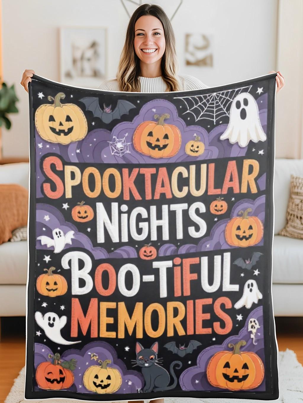 Elegant Halloween Quilted Blanket – Whimsical Pumpkins, Enchanted Ghosts, and Creepy Crawly Textures with Oversized Spooky Text – Perfect for Halloween home, living room, fireplace, and bedroom decor — a cozy, elegant, classy, chic, cute, unique, and aesthetic Halloween throw blanket, ideal for indoor decoration ideas and crafts - Image 5